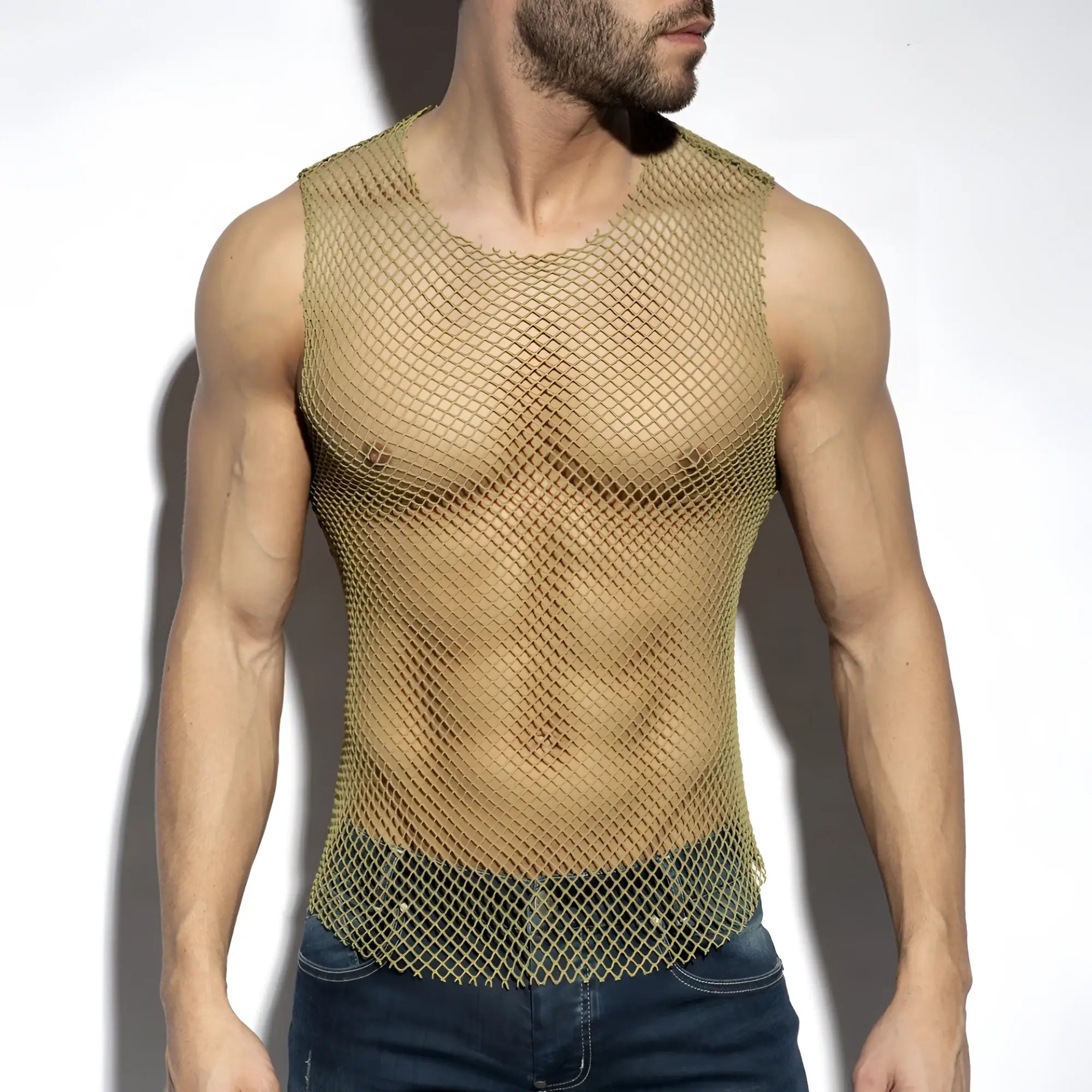 Beachy net tank top gold-toned mesh fitted sleeveless design with rounded neckline perfect for summer wear