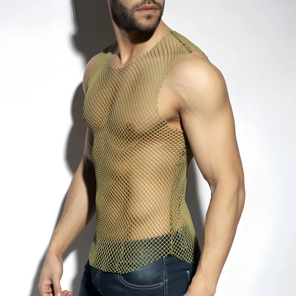 Olive green mesh beachy net tank top showing breathable lightweight fabric ideal for summer wear