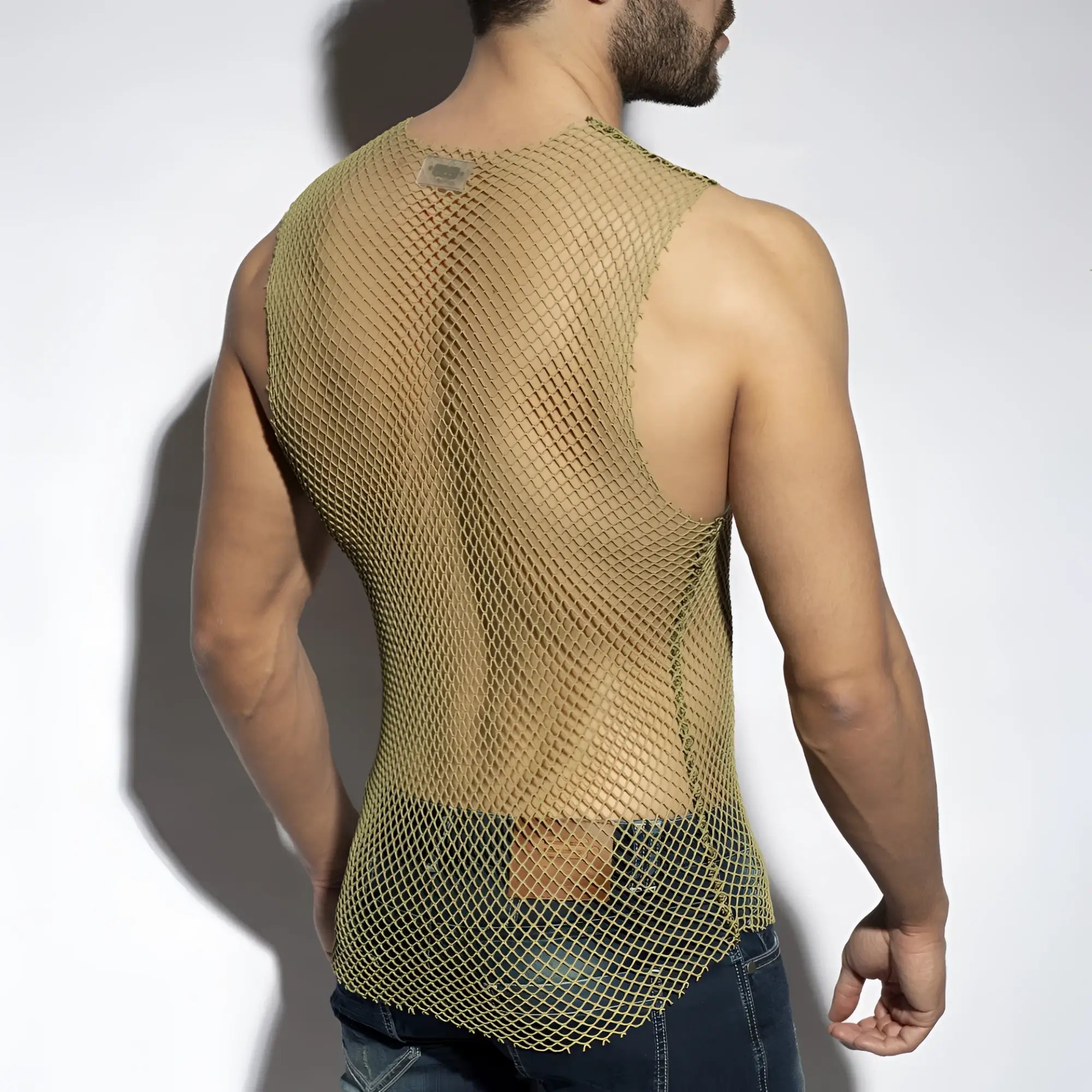 Beachy net tank top tan mesh fitted sleeveless design with slightly curved hemline for casual summer wear