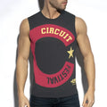 Black sleeveless tank top by es collection with red and gold circuit festival graphic charcoal size l