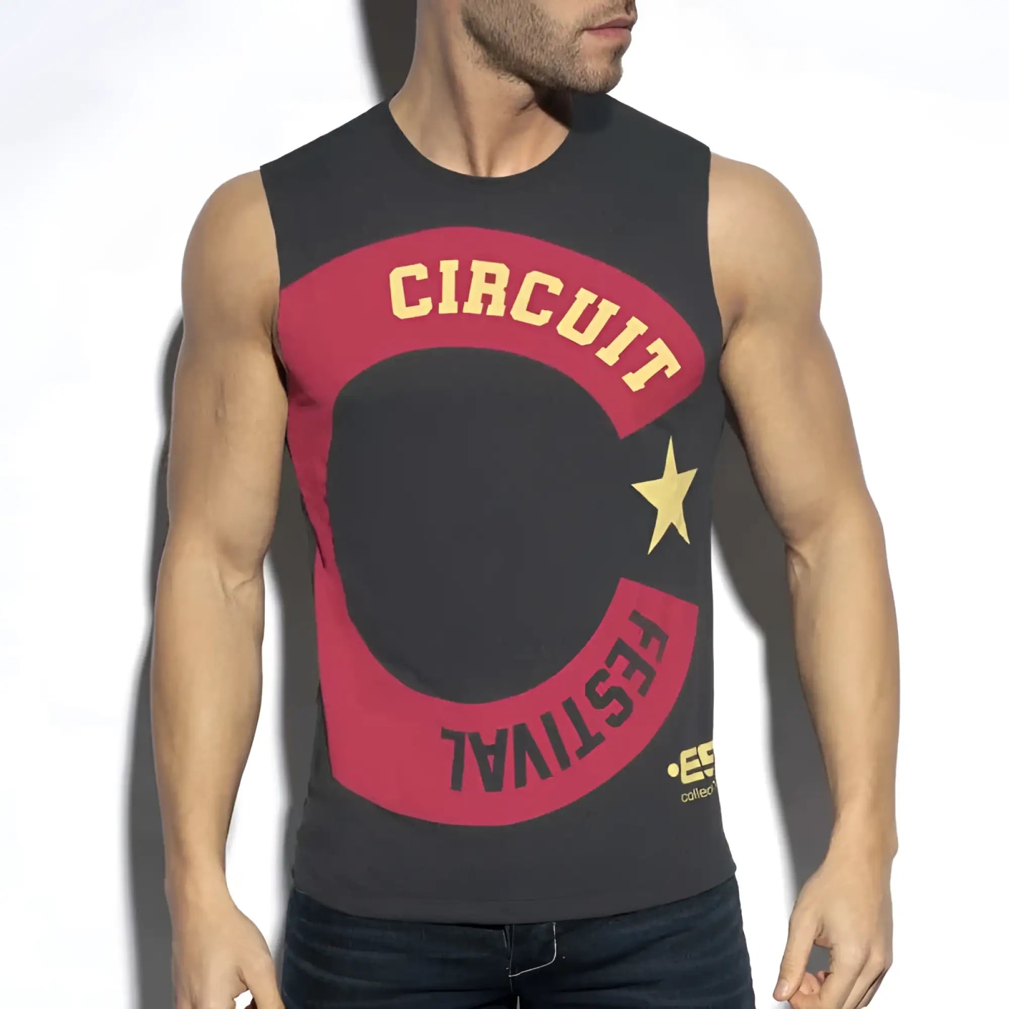 Black sleeveless tank top by es collection with red and gold circuit festival graphic charcoal size l