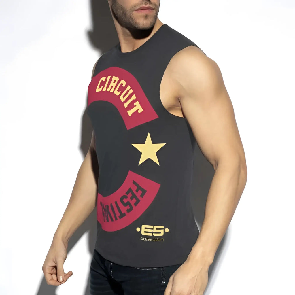 Black sleeveless tank top featuring bold red circuit festival text and yellow star by ES Collection in charcoal size L