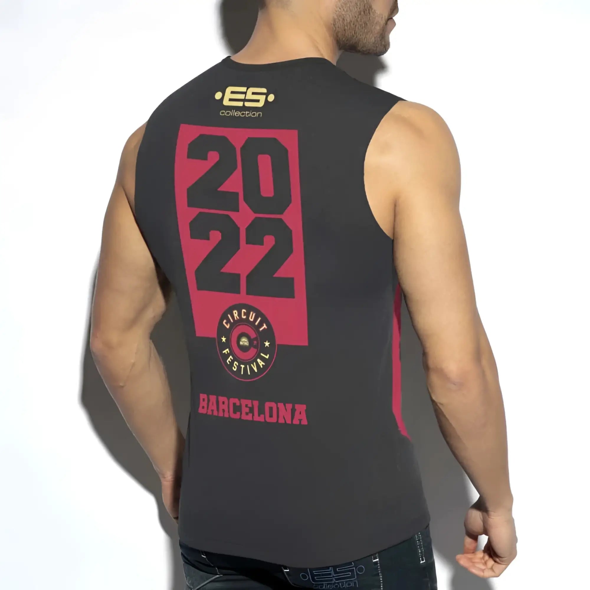 Black sleeveless tank top with bold pink and black 2022 barcelona graphic from ES Collection circuit festival collection