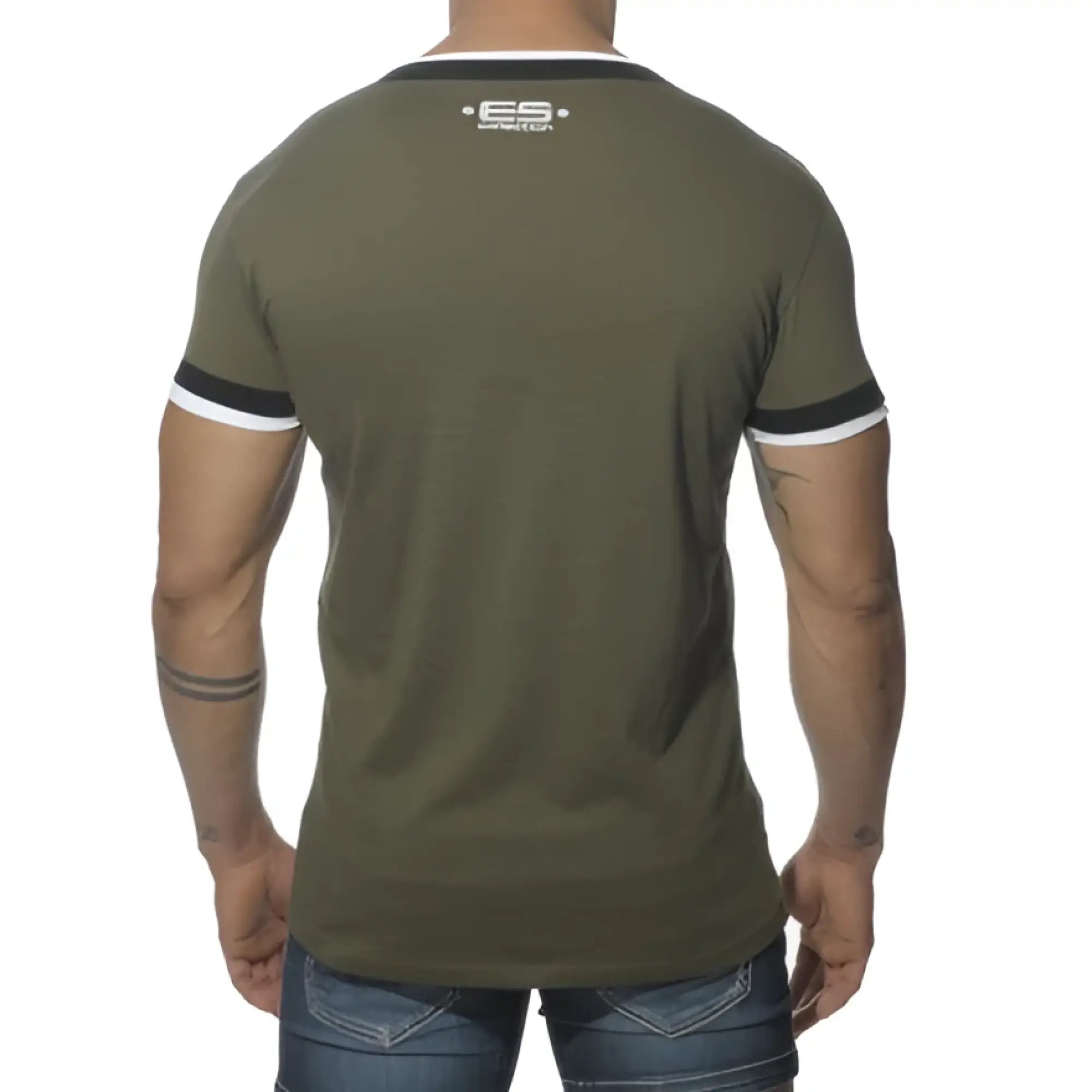 Olive green es collection double binding v neck short sleeved t shirt with black and white trim and small logo neckline size m