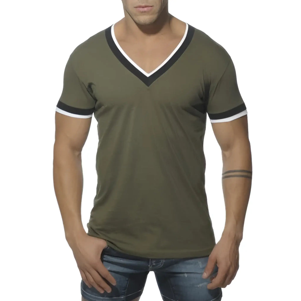 Olive green v neck short sleeved t shirt with black and white trim by es collection in size m khaki ts103