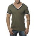 Olive green v neck short sleeved t shirt with black and white trim by es collection in size m khaki ts103