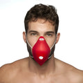 Red es breather face mask with white elastic straps and central circular vent in size one size by es collection