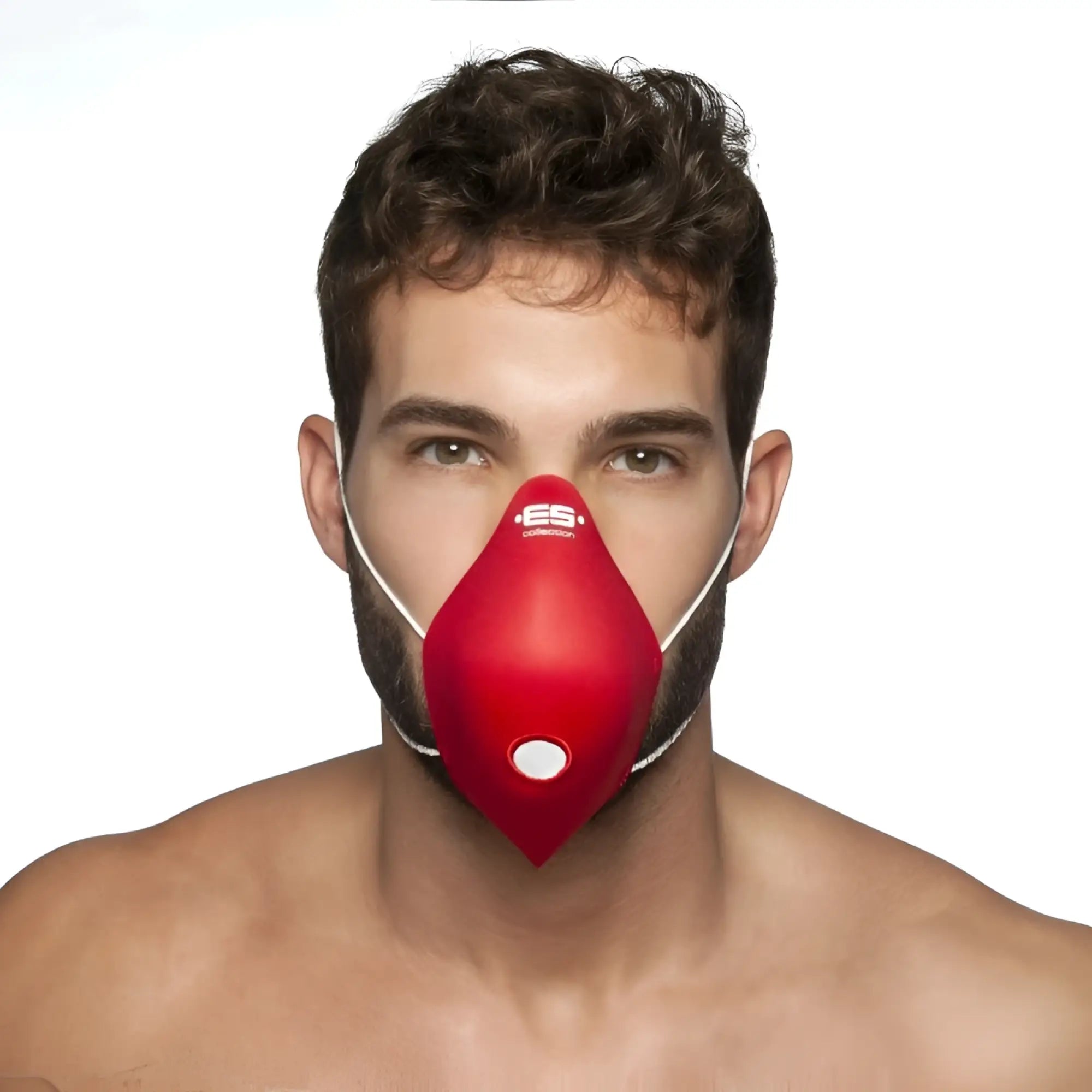Red es breather face mask with white elastic straps and central circular vent in size one size by es collection