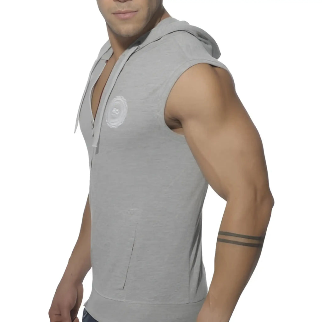 Gray sleeveless ES Collection pique hoodie with full front zipper hood and circular logo in heather grey size M