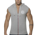 Es collection pique hoodie heather grey sleeveless with white embroidered logo and red zipper trim size m