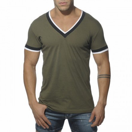 ES Collection Camiseta de manga corta con cuello en V y doble ribete en color caqui TS103 Talla M