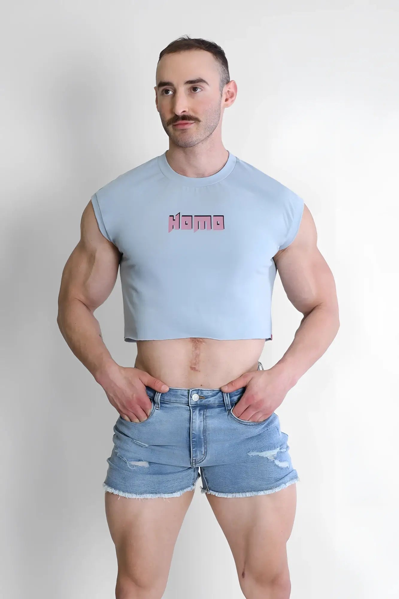 Light blue sleeveless muscle-fit crop tank with pink homo graphic on chest for casual wear