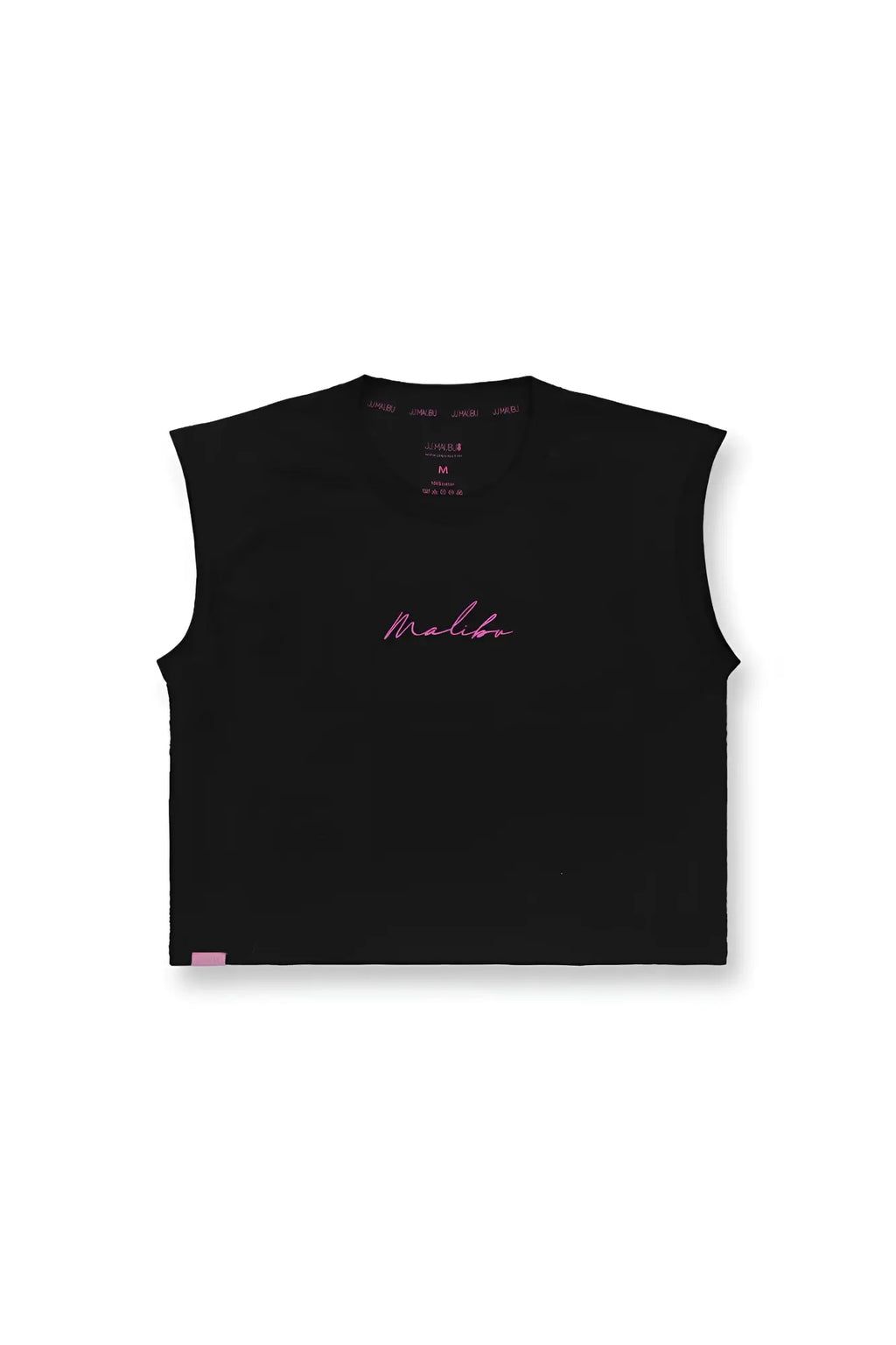 Black sleeveless muscle-fit crop tank with pink cursive malibu embroidery for casual wear