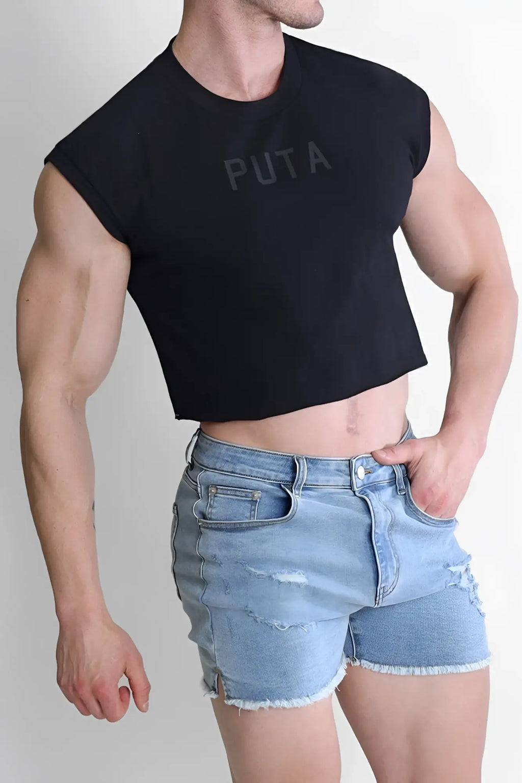 Black sleeveless muscle-fit crop tank top with puta printed in faded gray across the chest for casual wear