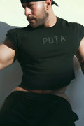 Black sleeveless muscle-fit crop tank with subtle gray puta print on chest for casual streetwear style