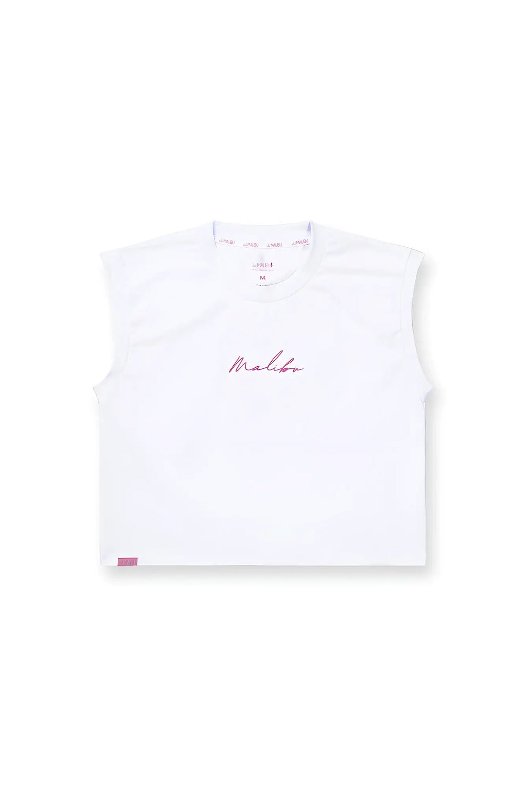 White muscle-fit sleeveless crop tank with subtle pink malibu embroidery and purple logo for casual wear