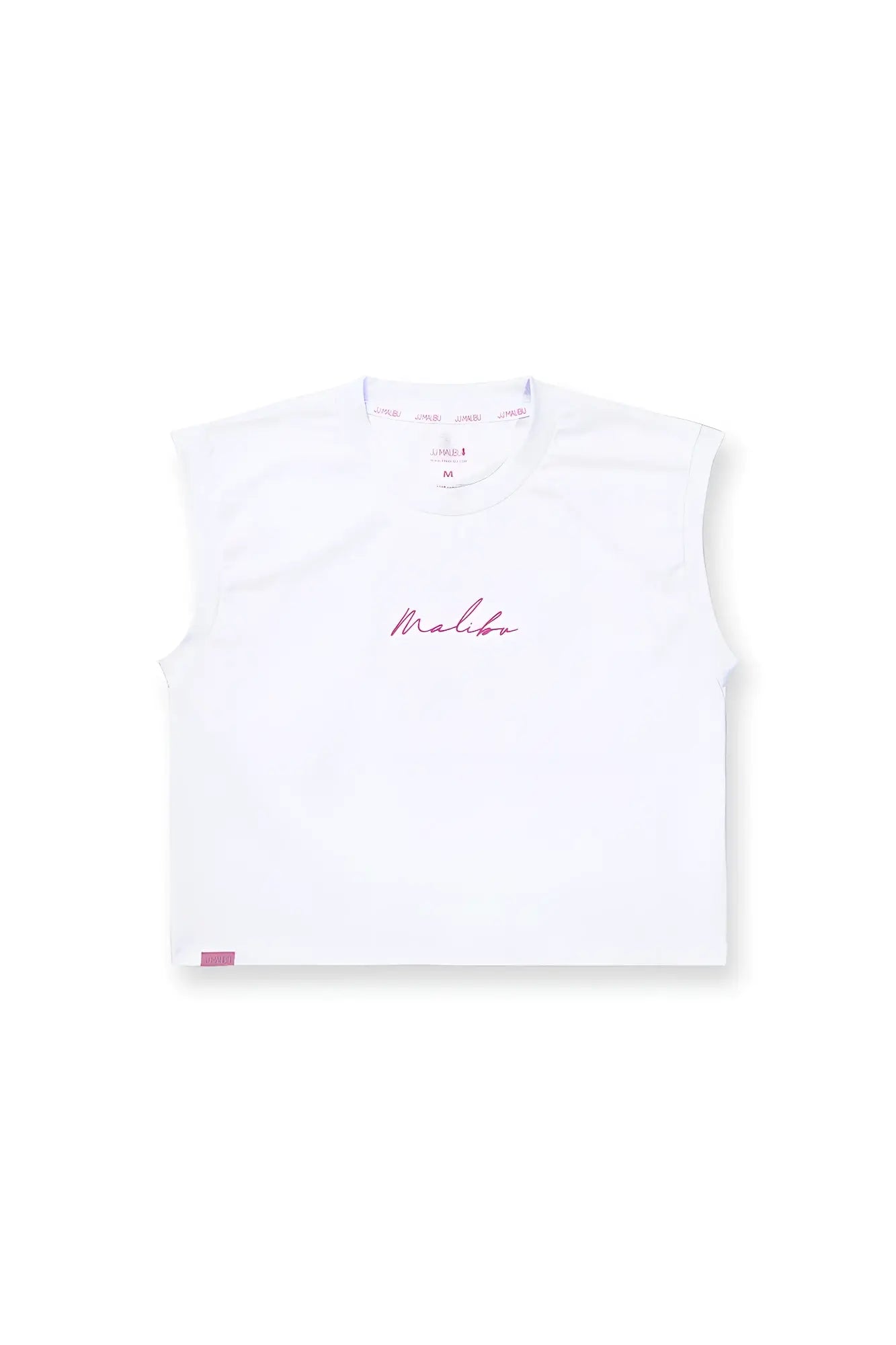 White muscle-fit sleeveless crop tank with subtle pink malibu embroidery and purple logo for casual wear