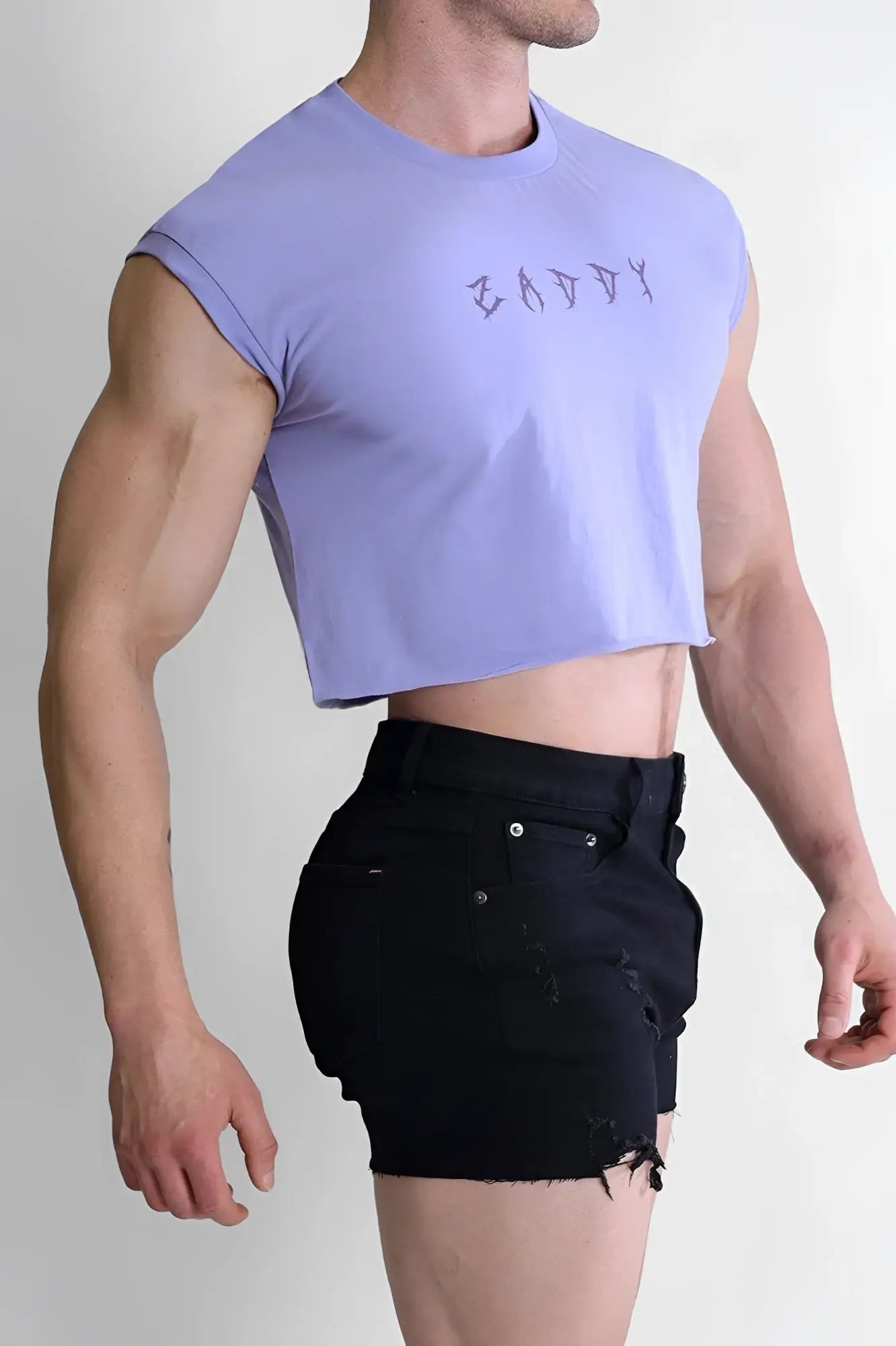 Lavender escapism muscle-fit crop tank with subtle caddy graphic sleeveless design for casual wear