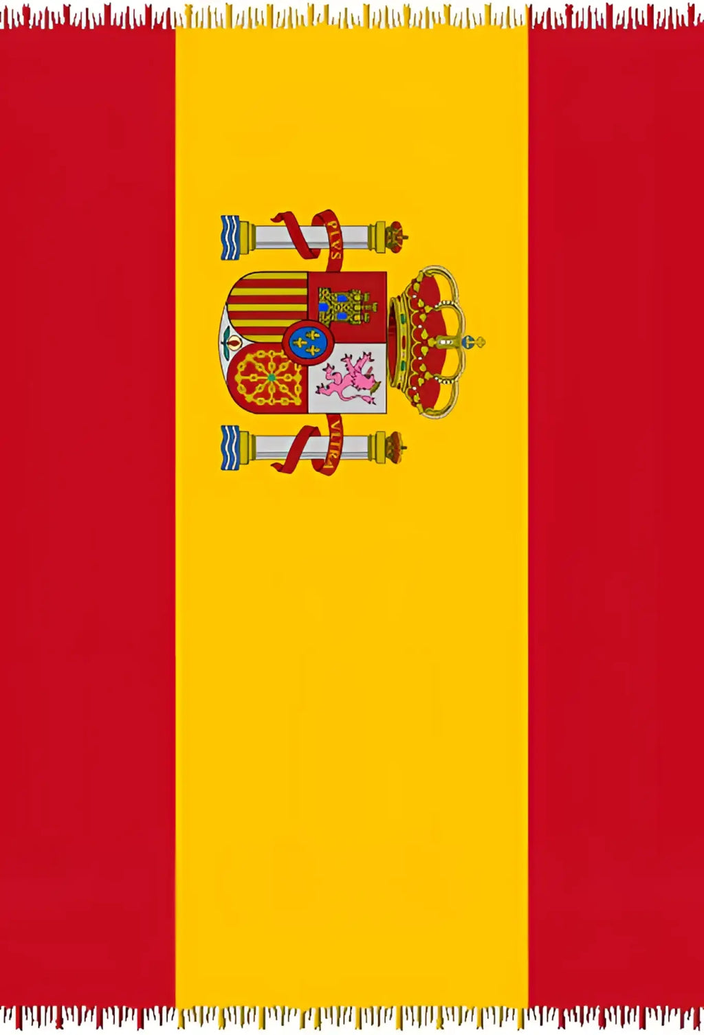 España flag canga Brazilian beach towel with red and yellow stripes and detailed coat of arms on yellow stripe