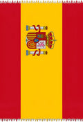 España flag canga Brazilian beach towel with red and yellow stripes and detailed coat of arms on yellow stripe