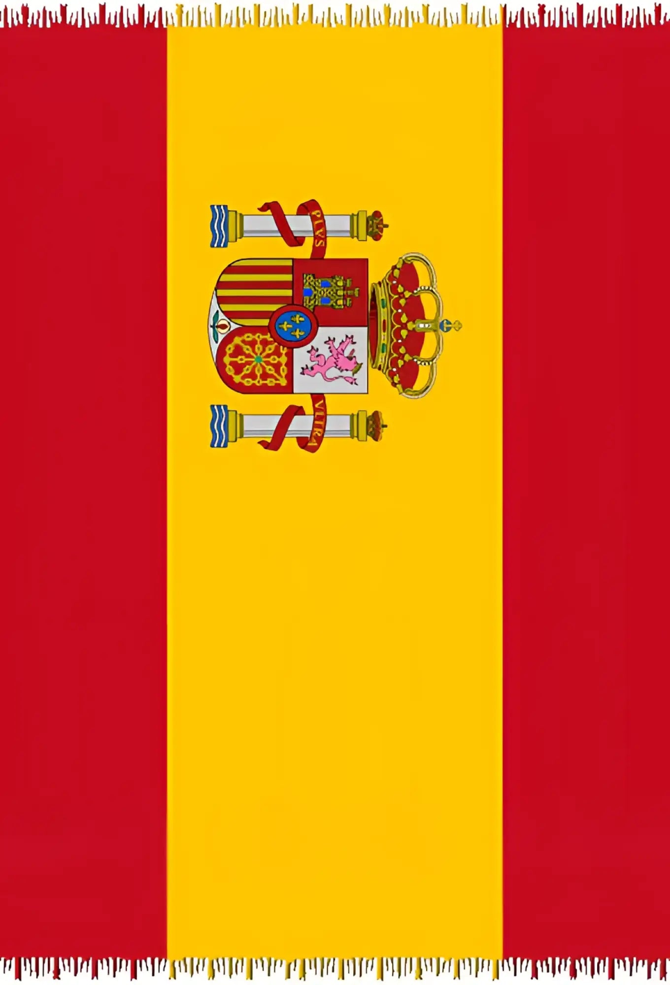 España flag canga Brazilian beach towel with red and yellow stripes and detailed coat of arms on yellow stripe