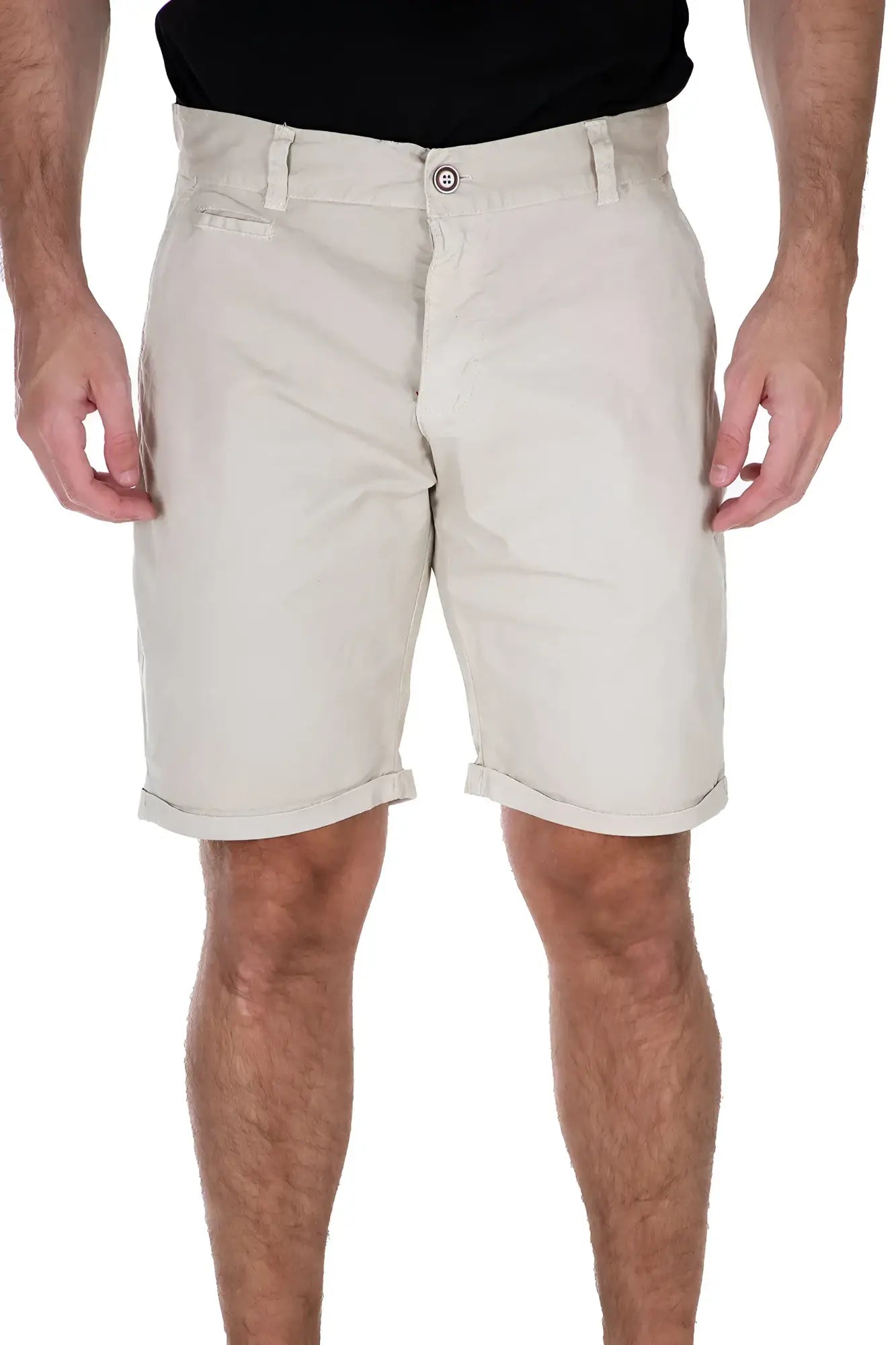 Beige essential cotton shorts with rolled cuffs and button closure available in 4 colors