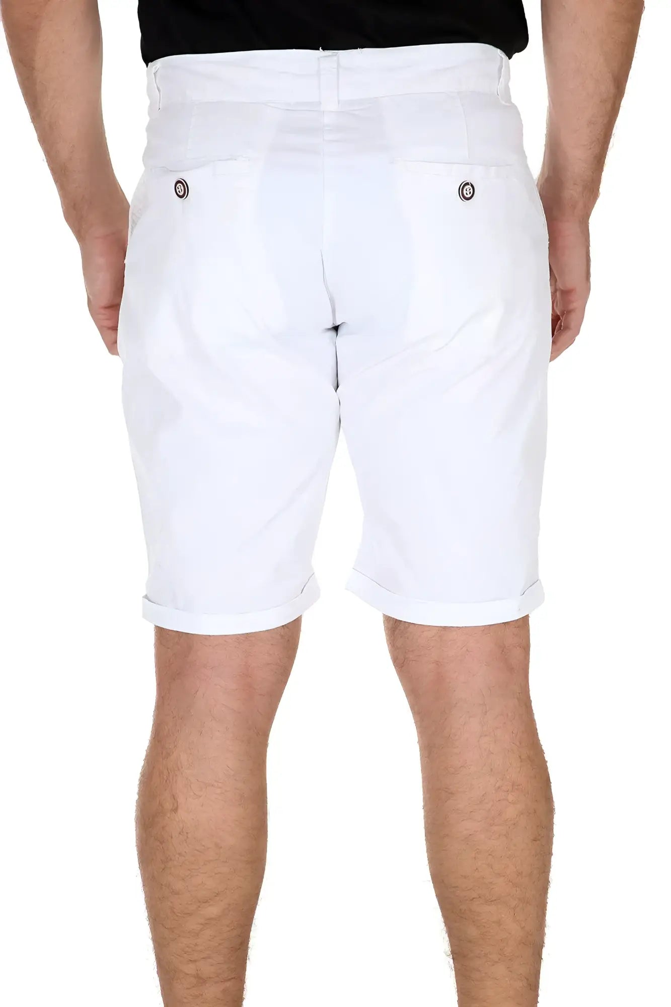 White essential cotton shorts with rolled cuffs and buttoned back pockets shown from the back side