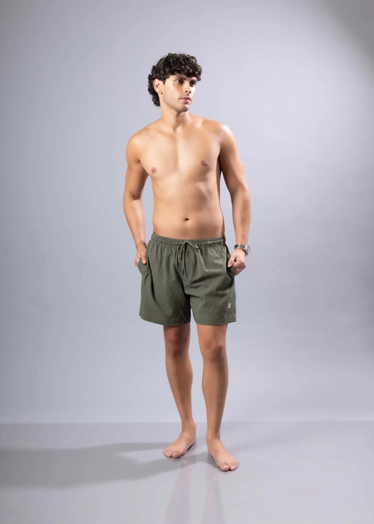 Olive green drawstring swim trunks essential swim short made from lightweight quick-dry fabric available in 3 colors