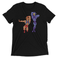 Black short-sleeved cotton t-shirt featuring colorful he-man and skeletor graphic titled eternia is burning