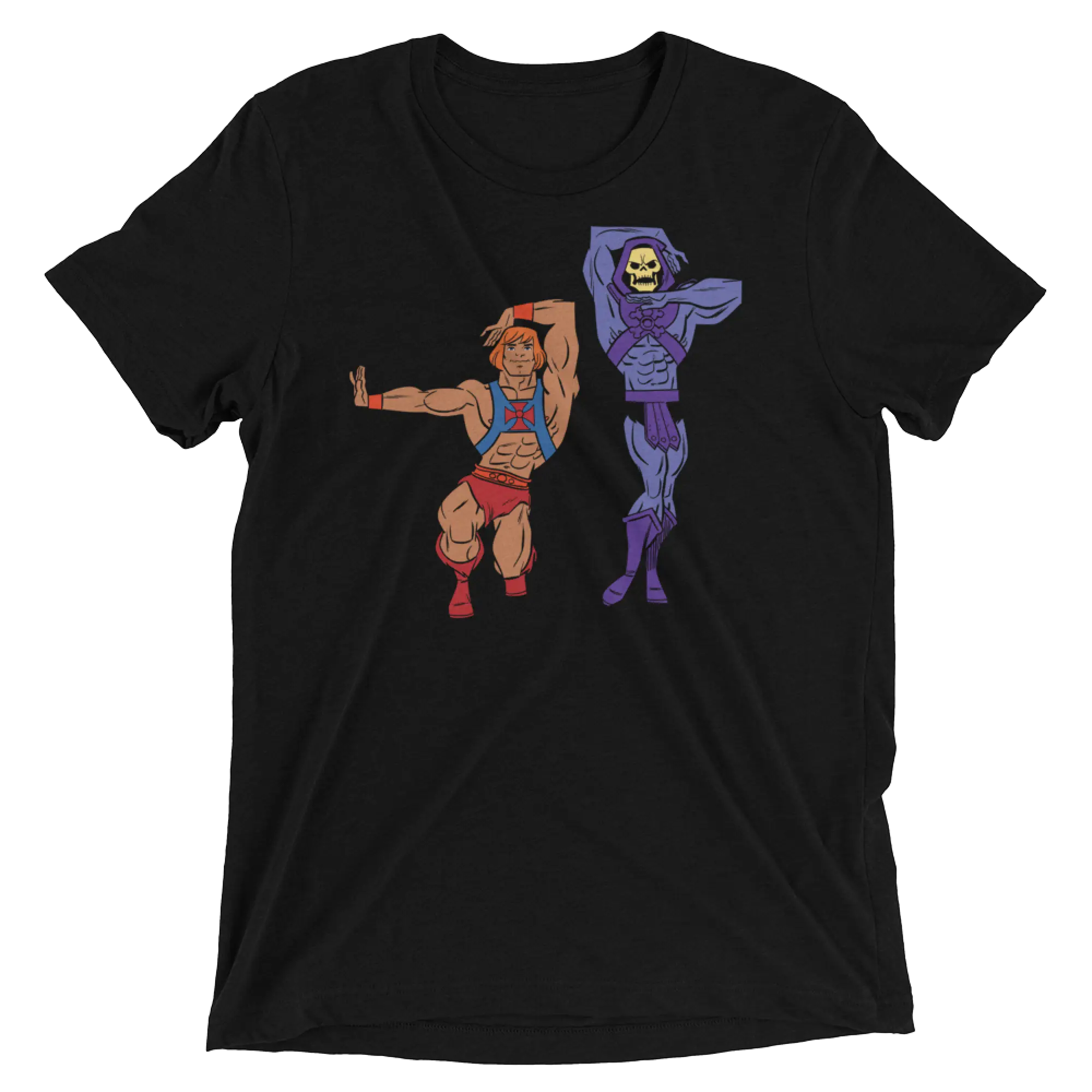 Black short-sleeved cotton t-shirt featuring colorful he-man and skeletor graphic titled eternia is burning