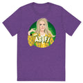 Purple heathered t-shirt featuring a circular graphic of a blonde woman in a yellow plaid jacket with ugh as if text