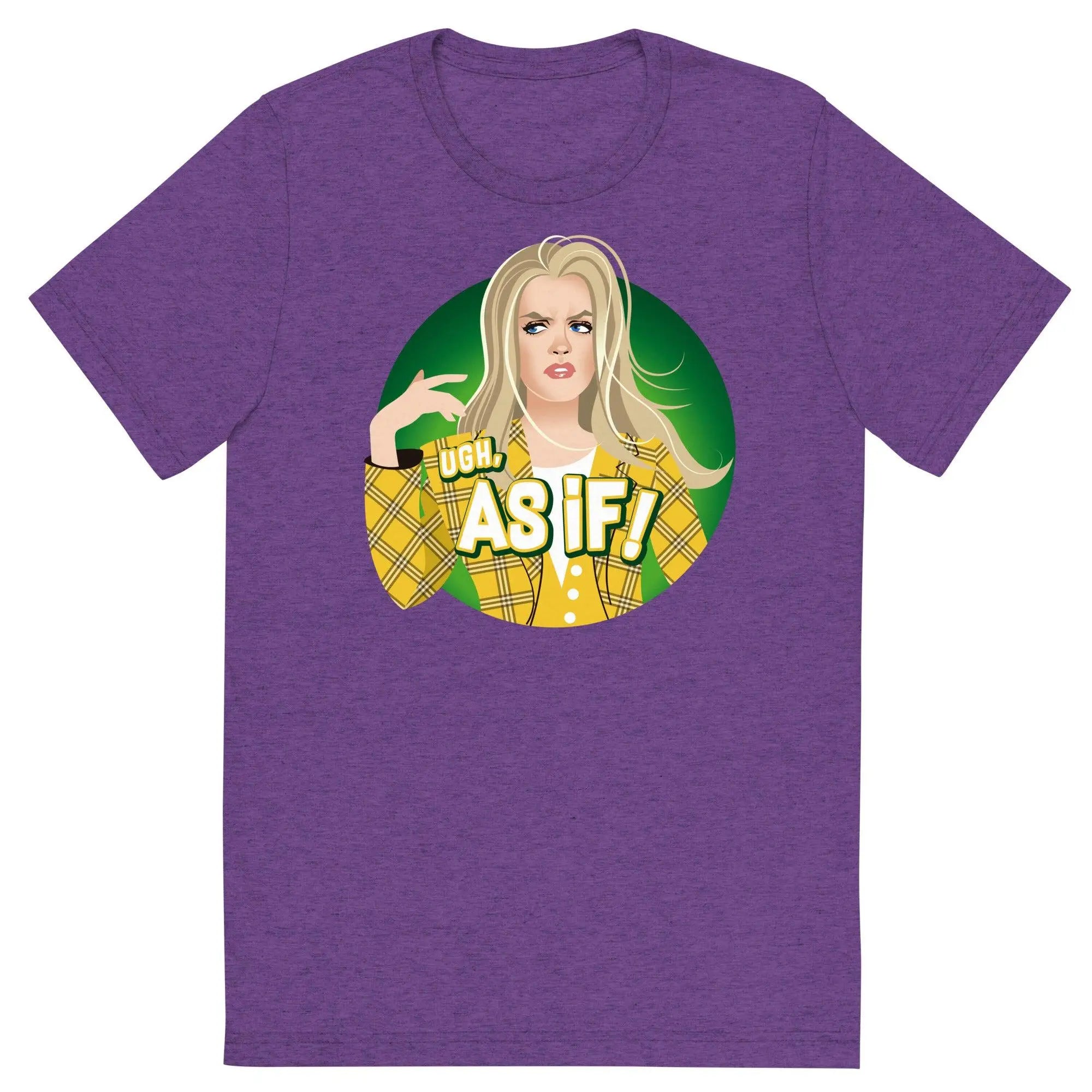 Purple heathered t-shirt featuring a circular graphic of a blonde woman in a yellow plaid jacket with ugh as if text