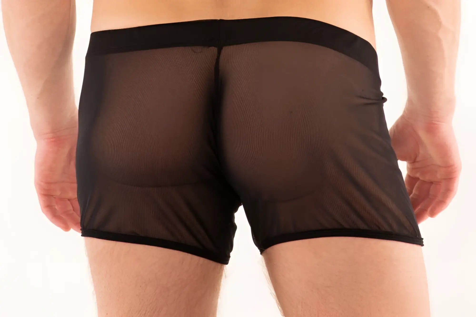 Black mesh briefs expose weekend shorty with solid black waistband for breathable comfort and stylish wear