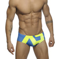 Extra-large logo brief swim trunks in blue and neon yellow geometric pattern for active beachwear
