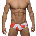 Extra-large logo brief swim trunks in orange and white geometric pattern with add branding in blue on the side