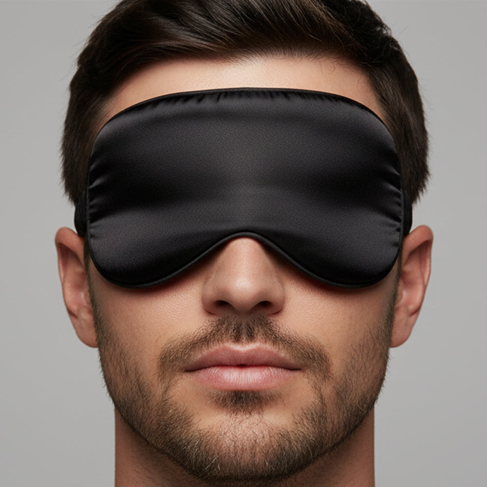 MetroMaleWear silky eye mask black satin with smooth glossy finish and elasticized edges for comfortable sleep