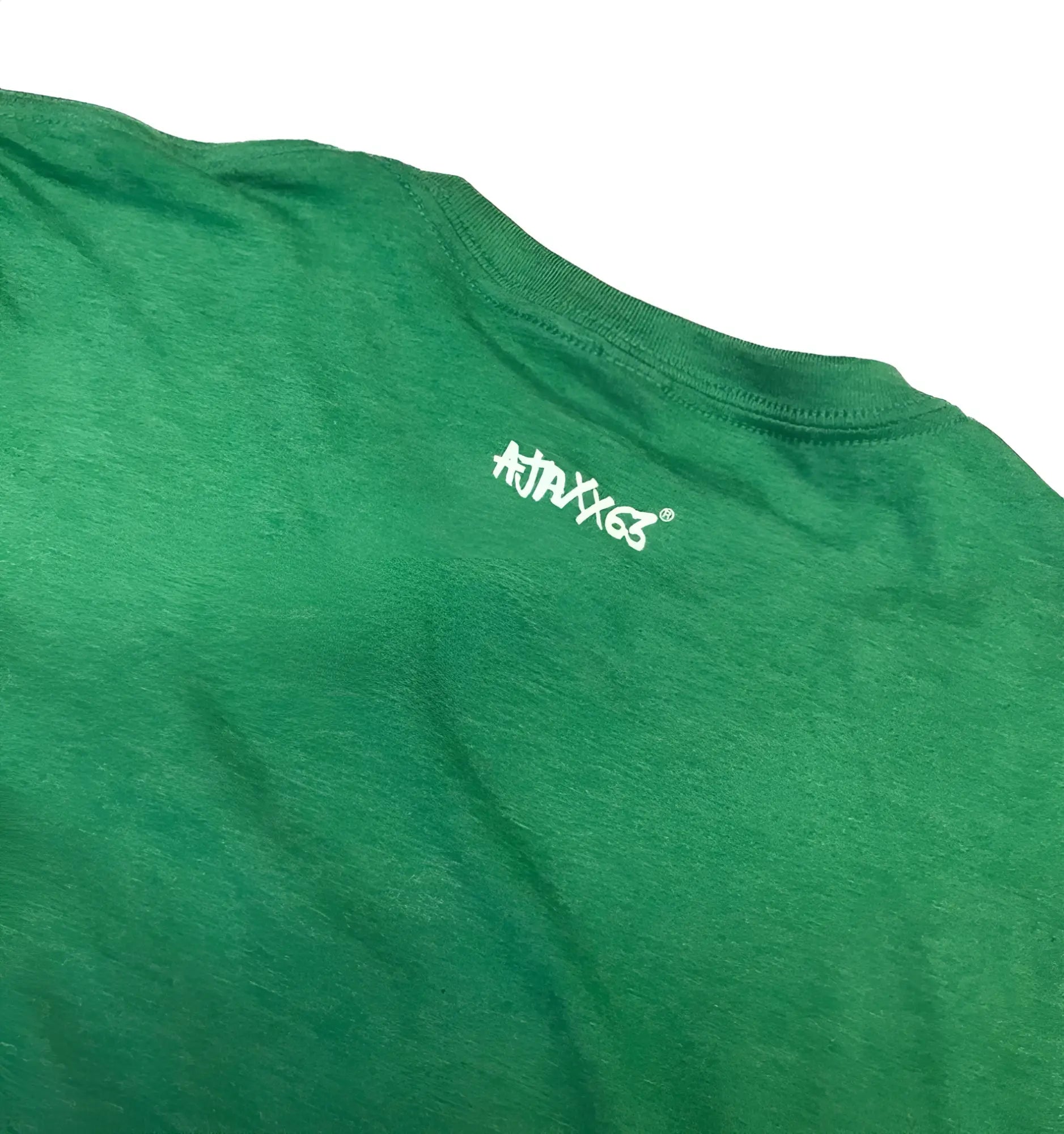 Back side of green heathered cotton t-shirt with white ajax63 logo embroidered on neckband premium heather