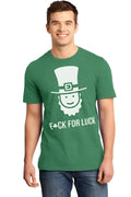 Green heathered premium t-shirt with a white graphic of a smiling leprechaun and fuck for luck text