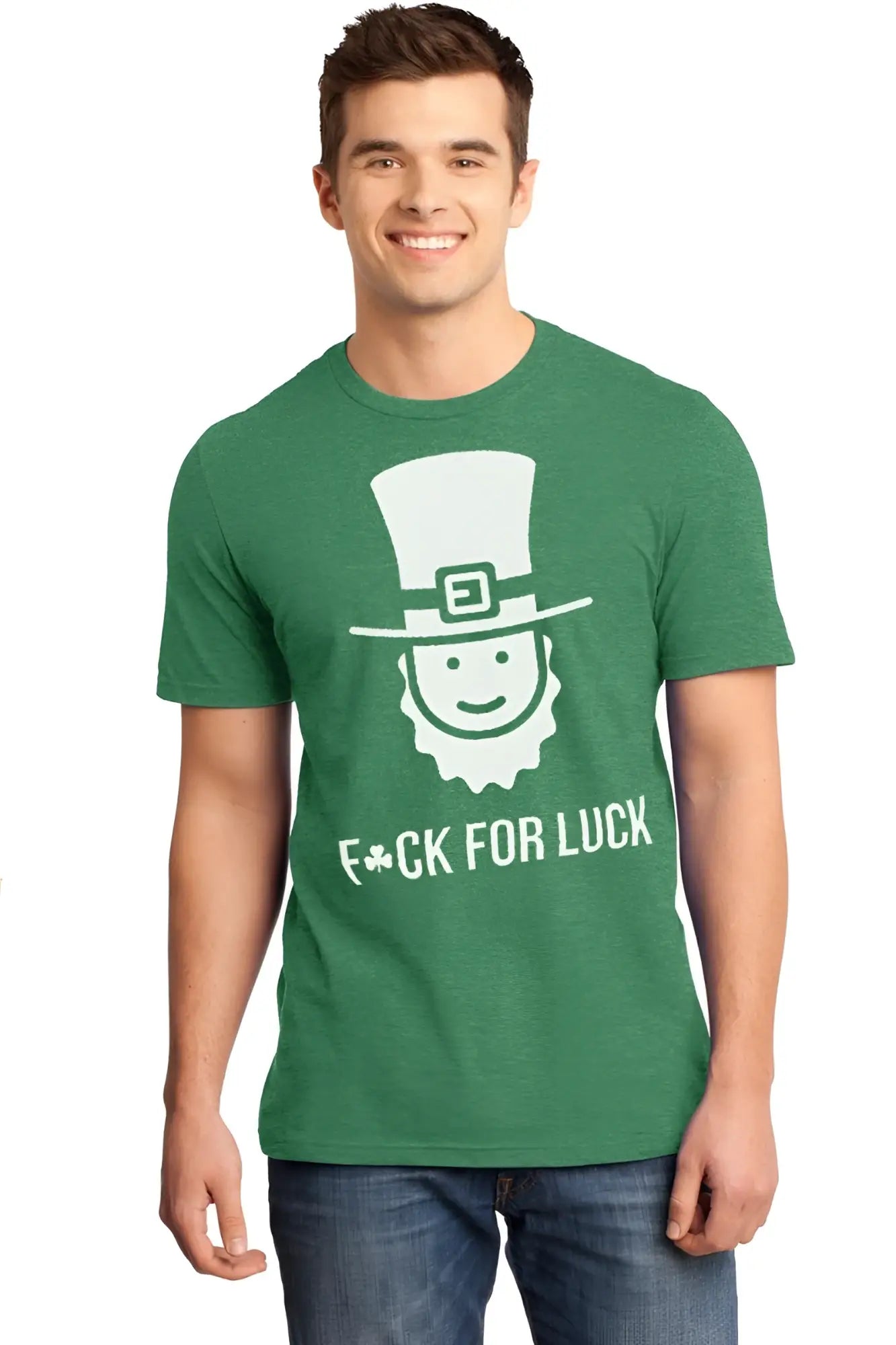 Green heathered premium t-shirt with a white graphic of a smiling leprechaun and fuck for luck text