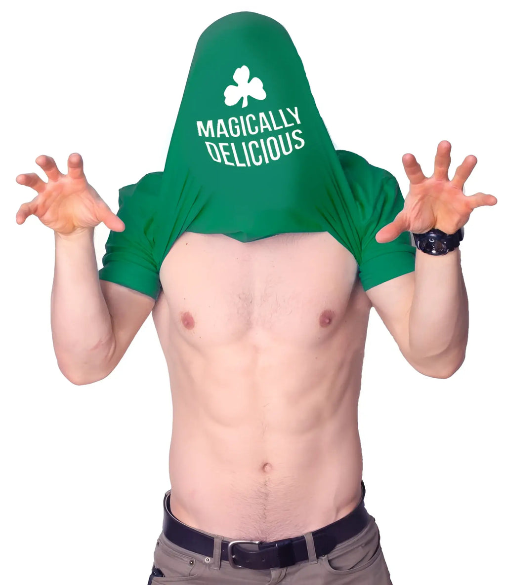 Green hooded premium heather t-shirt with white shamrock and magically delicious text for luck design