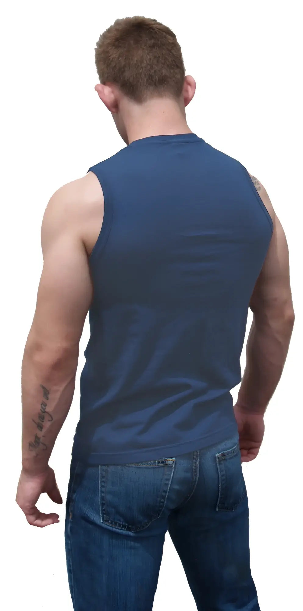 A faded navy sleeveless athletic fit barefront tank top made of navy blue cotton with a simple round neckline