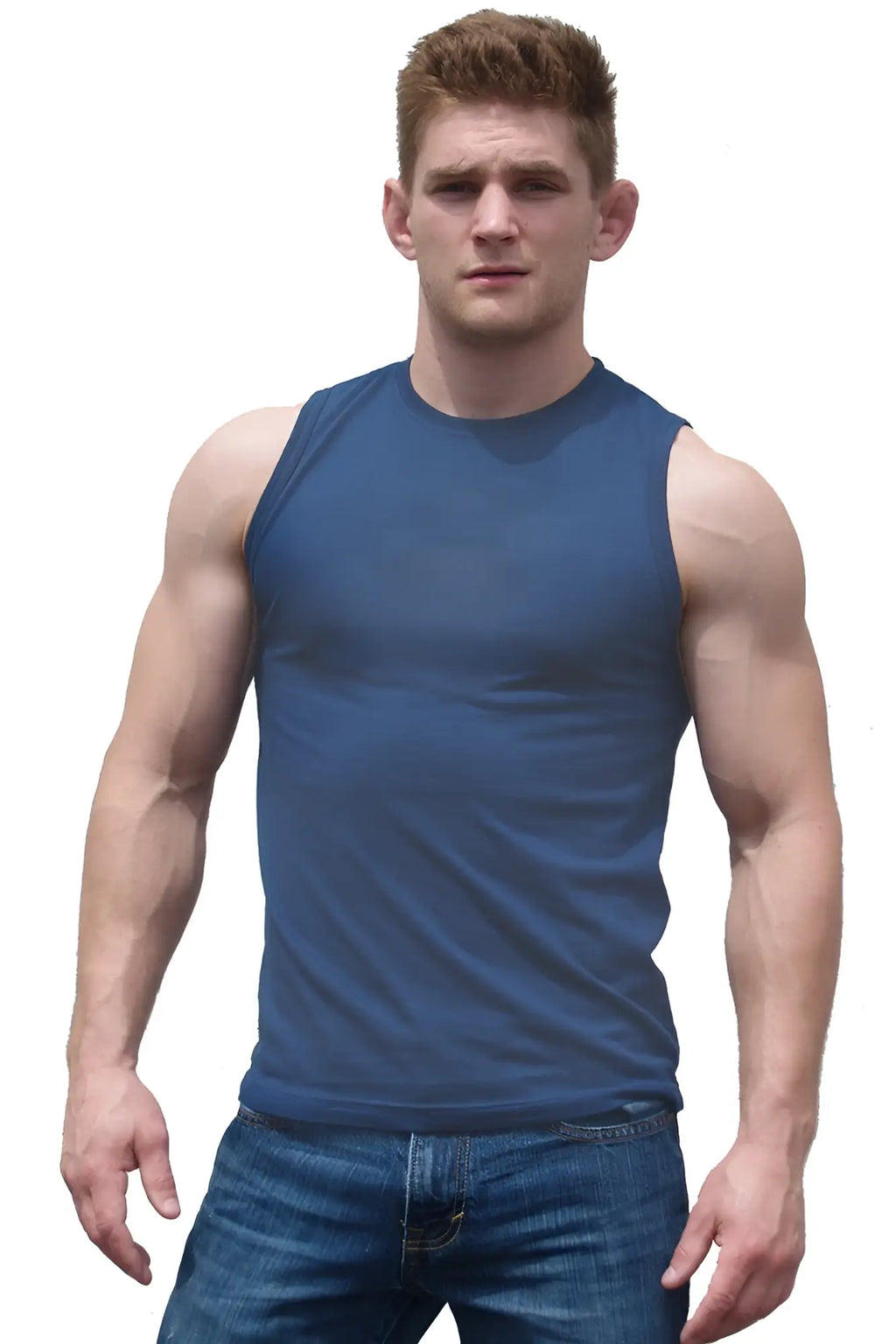 A fitted solid faded navy sleeveless athletic tank top designed for performance and comfort