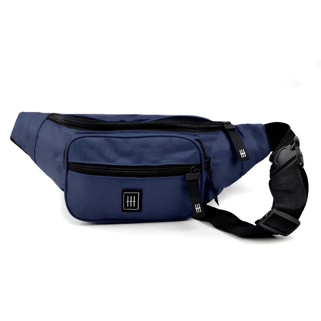 Navy blue fabric fanny pack with black zippers and adjustable strap for hands-free convenience