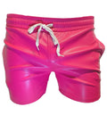Vibrant fuchsia faux leather shorts with a shiny finish and white drawstring waistband for stylish casual wear