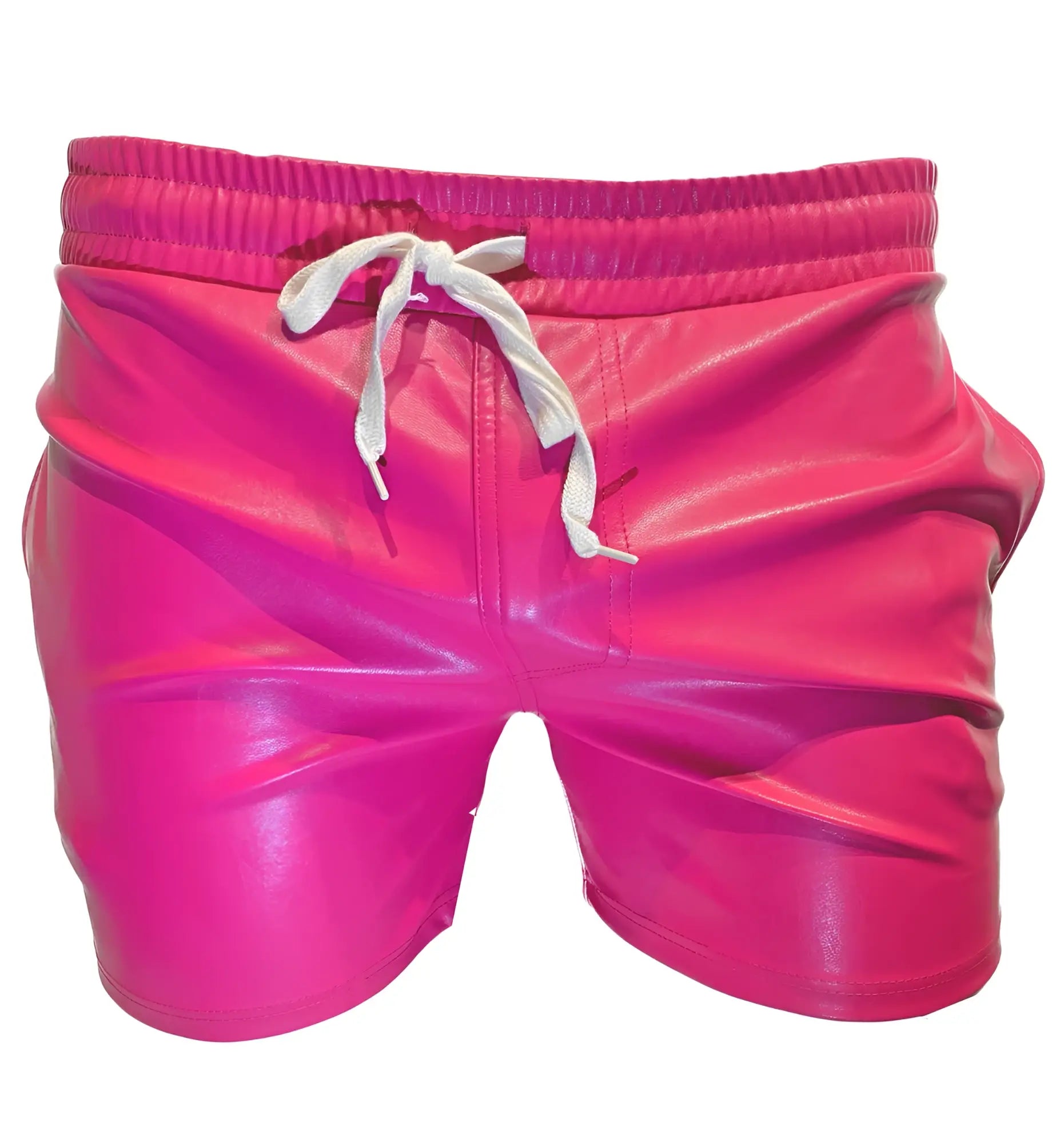 Vibrant fuchsia faux leather shorts with a shiny finish and white drawstring waistband for stylish casual wear