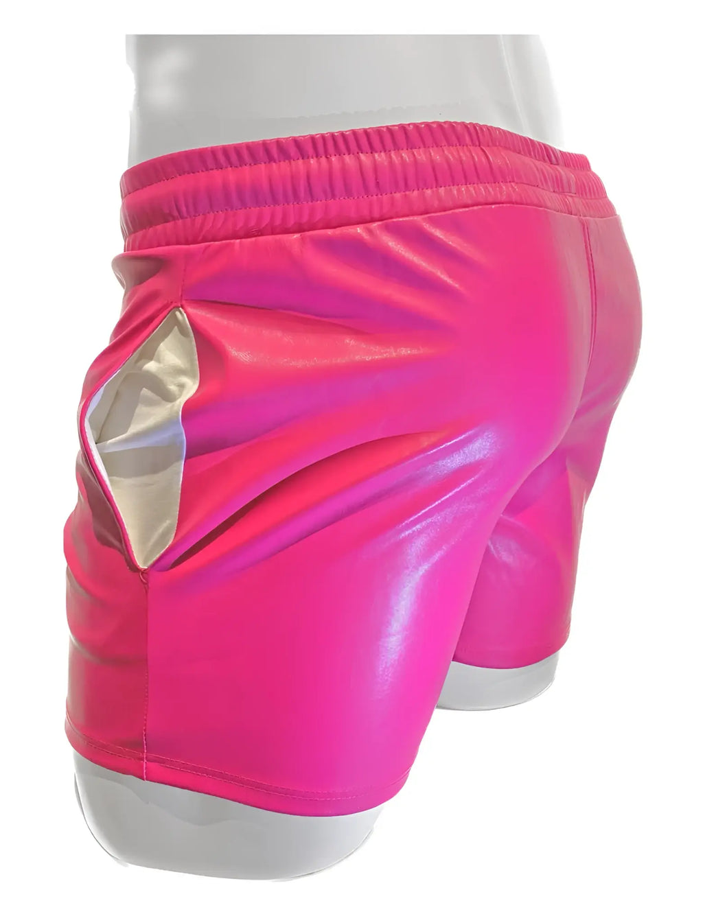 Vibrant pink faux leather shorts with shiny holographic finish and elastic waistband for stylish wear