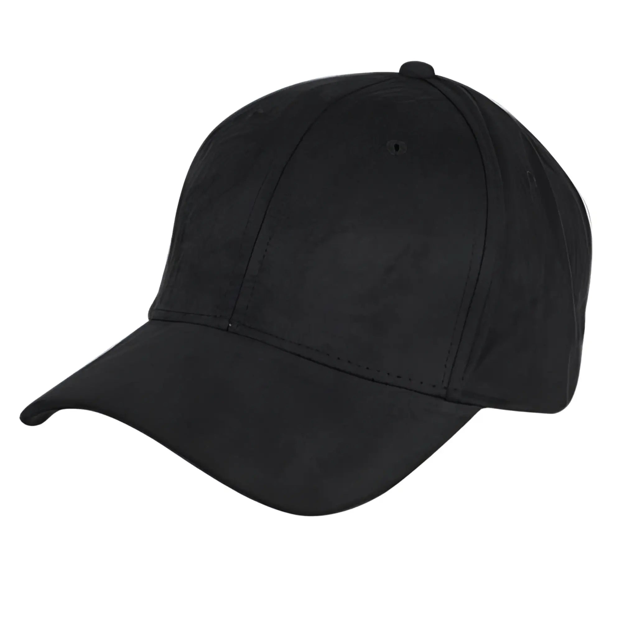 Black faux suede baseball cap with curved brim and stitched panels available in eight colors