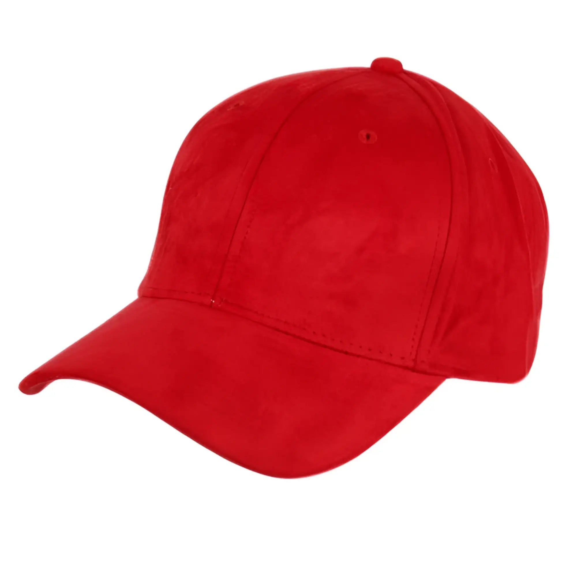 Red faux suede baseball cap with a curved brim and stitched panels available in 8 colors