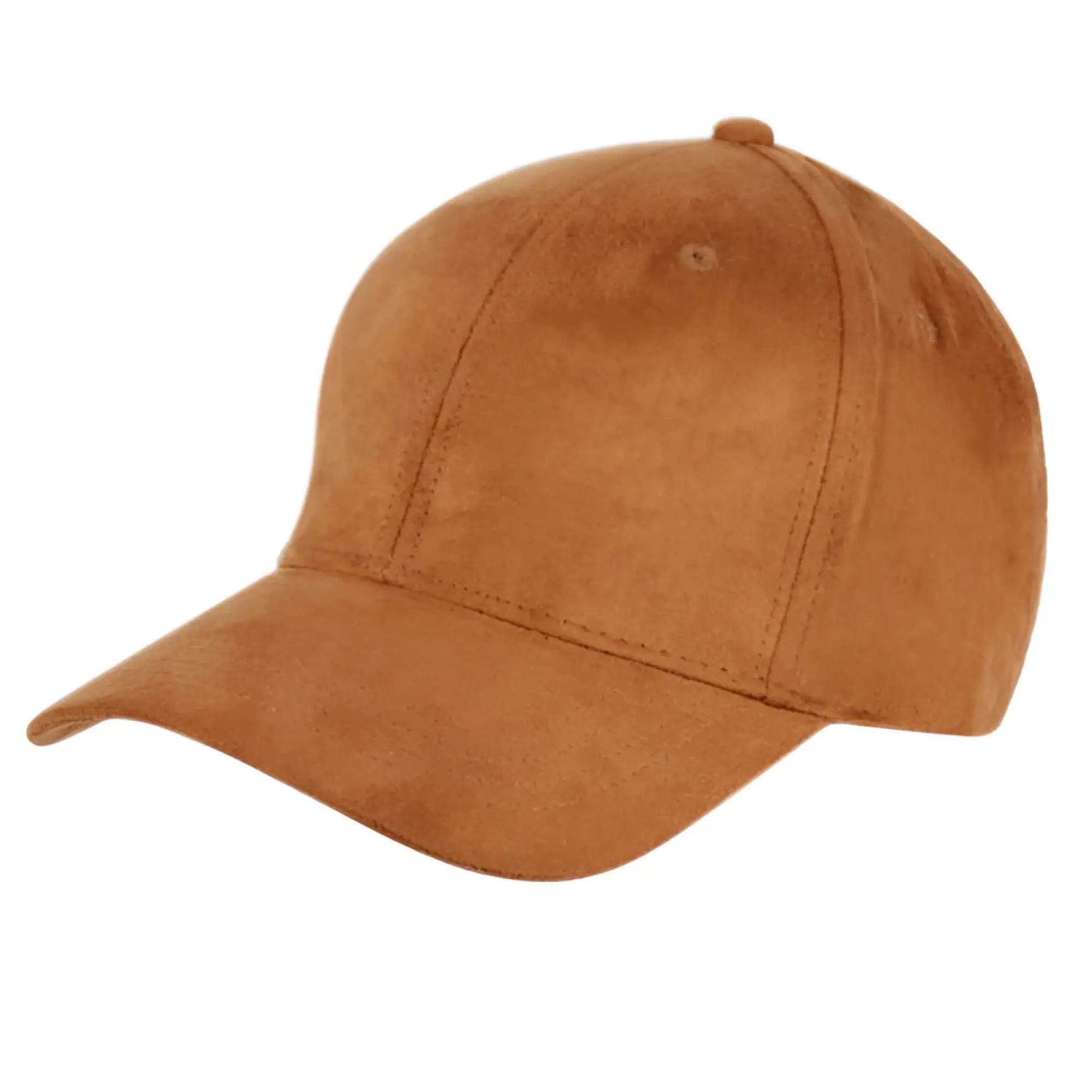Tan faux suede baseball cap with curved brim and stitched paneling available in 8 colors