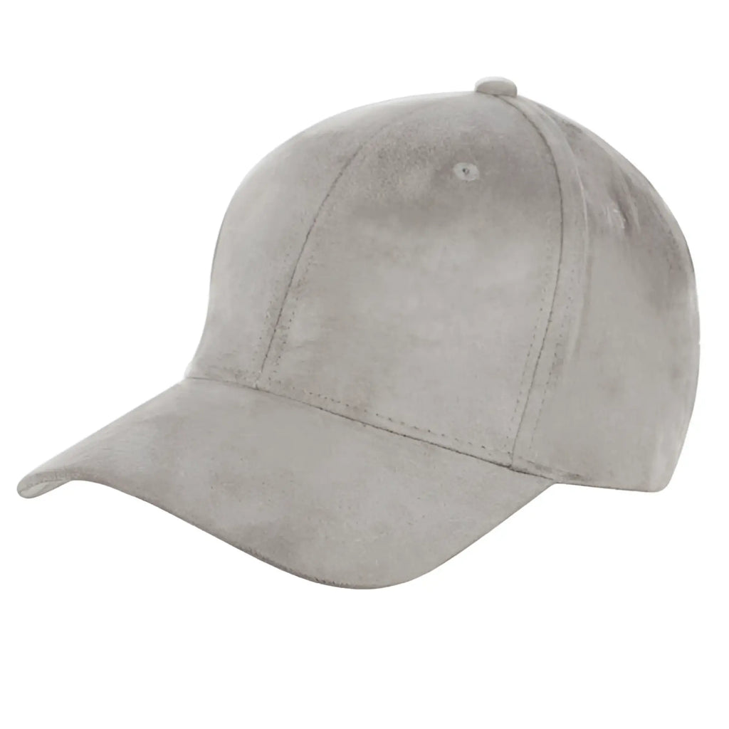 A taupe faux suede cap with curved brim and stitched paneling available in 8 colors